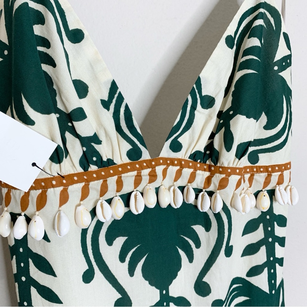 NEW Johanna Ortiz Keeper Maxi Dress (Sz 2) Shell Trim Cotton Poplin Ecru Green - Picture 9 of 16